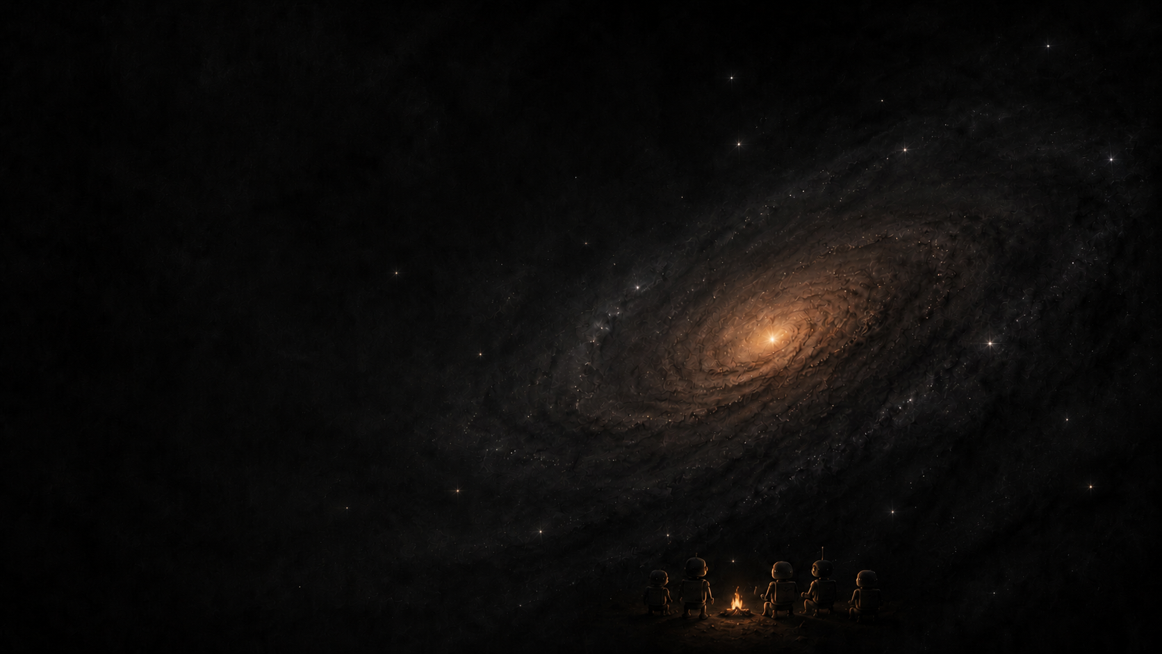 Five small robot companions gathered beneath an immense galaxy